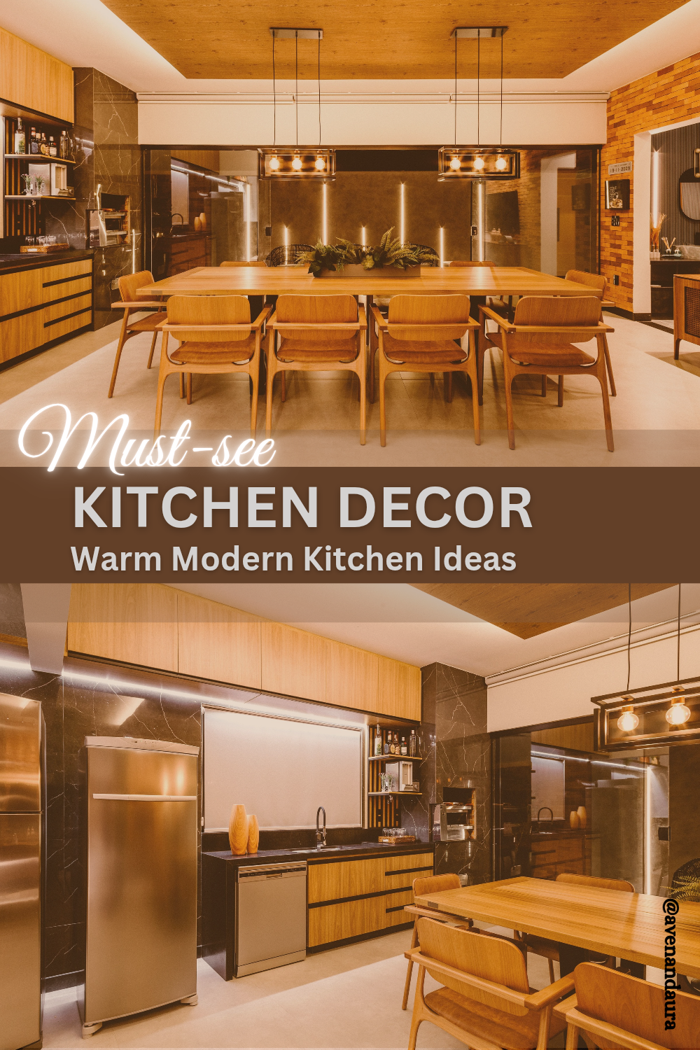 Warm modern kitchen design with wood cabinets and dark marble